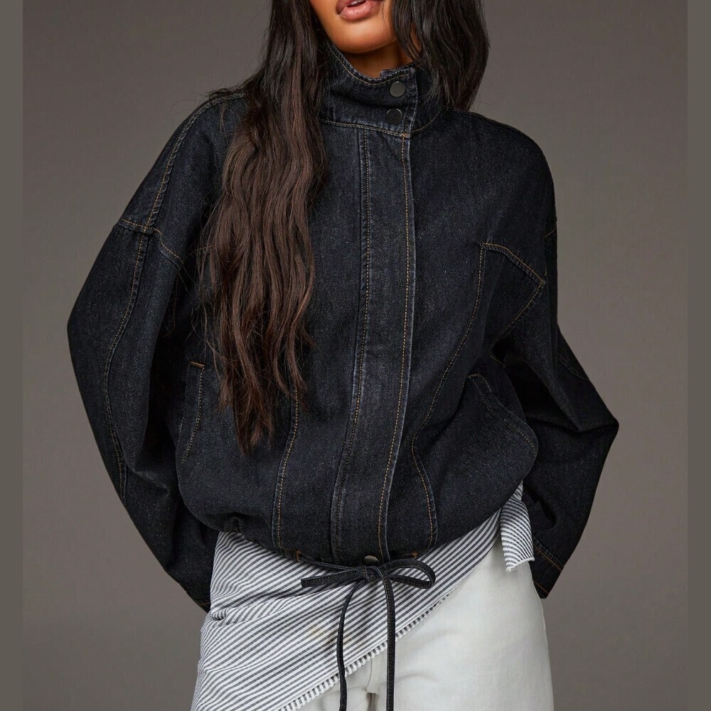Black / Dark Navy Denim Contrast Stitch Drawstring Hem Oversized Jacket